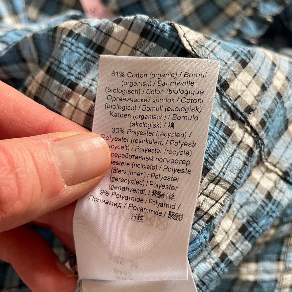 GANNI Seersucker Check V-Neck Ruffle Blouse in Azure Blue - Picture 14 of 14